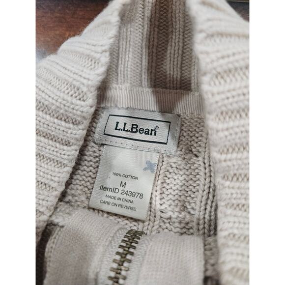 LL Bean Cream Mock Neck Full Zip Cable Knit Cotton Cardigan Sweater MEDIUM - Picture 2 of 6